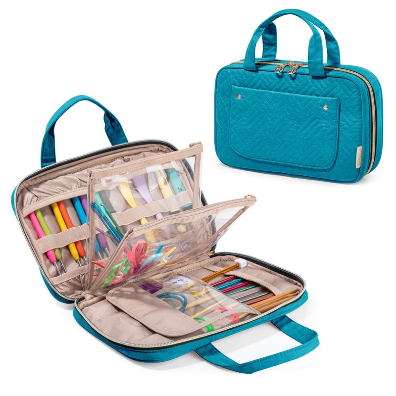 Yarwo Knitting Needles Case up to 106 Crochet Hooks Organizer with Double Handle for Circular Knitting Needles and Accessories Teal Bag Only