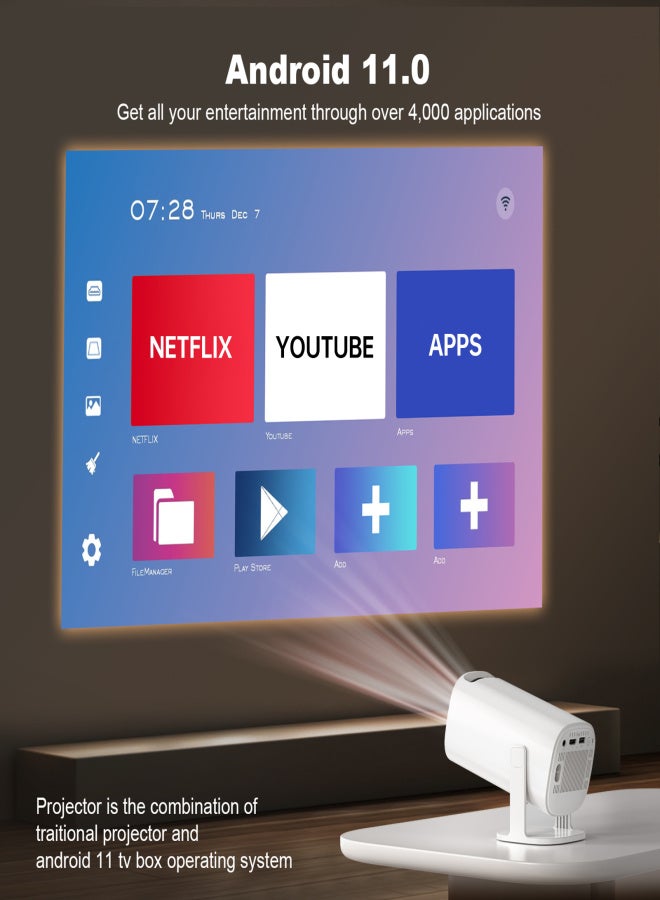 Projector with 4K Decoding 1080P WiFi6 BT5.4 Android 11 System with 100in Display Same Screen Technique 180°  Rotatable Movie Projector Built-in Speaker Horizontal Keystone Correction Support TV Box - Image 2