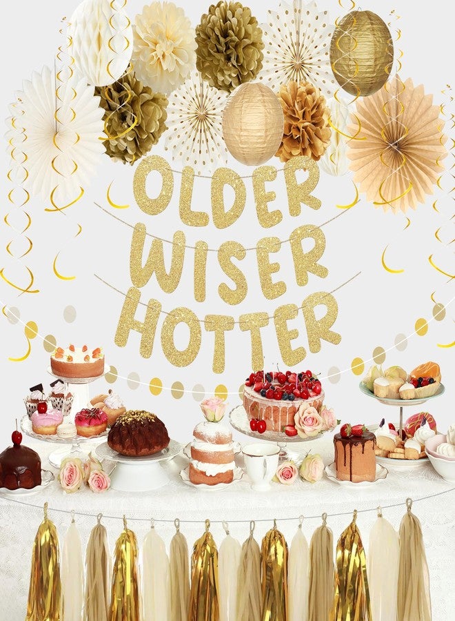 Roetyce Birthday Party Decorations, Gold Glitter Older Wiser Hotter Banner Photo Background for Women Men, Funny Happy Birthday Backdrop Decor, 30th 40th 50th 60th 70th 80th Party Supplies - Image 2
