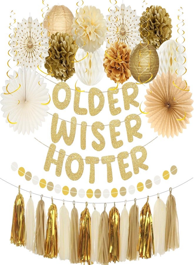 Roetyce Birthday Party Decorations, Gold Glitter Older Wiser Hotter Banner Photo Background for Women Men, Funny Happy Birthday Backdrop Decor, 30th 40th 50th 60th 70th 80th Party Supplies - Image 1