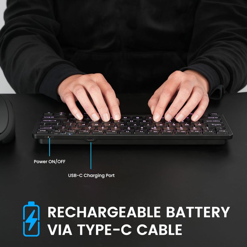 Perixx PERIBOARD-832RGB Wireless RGB Backlit Mini Keyboard - Up to 3 Multi-Device Connection - Black - US English - Image 4