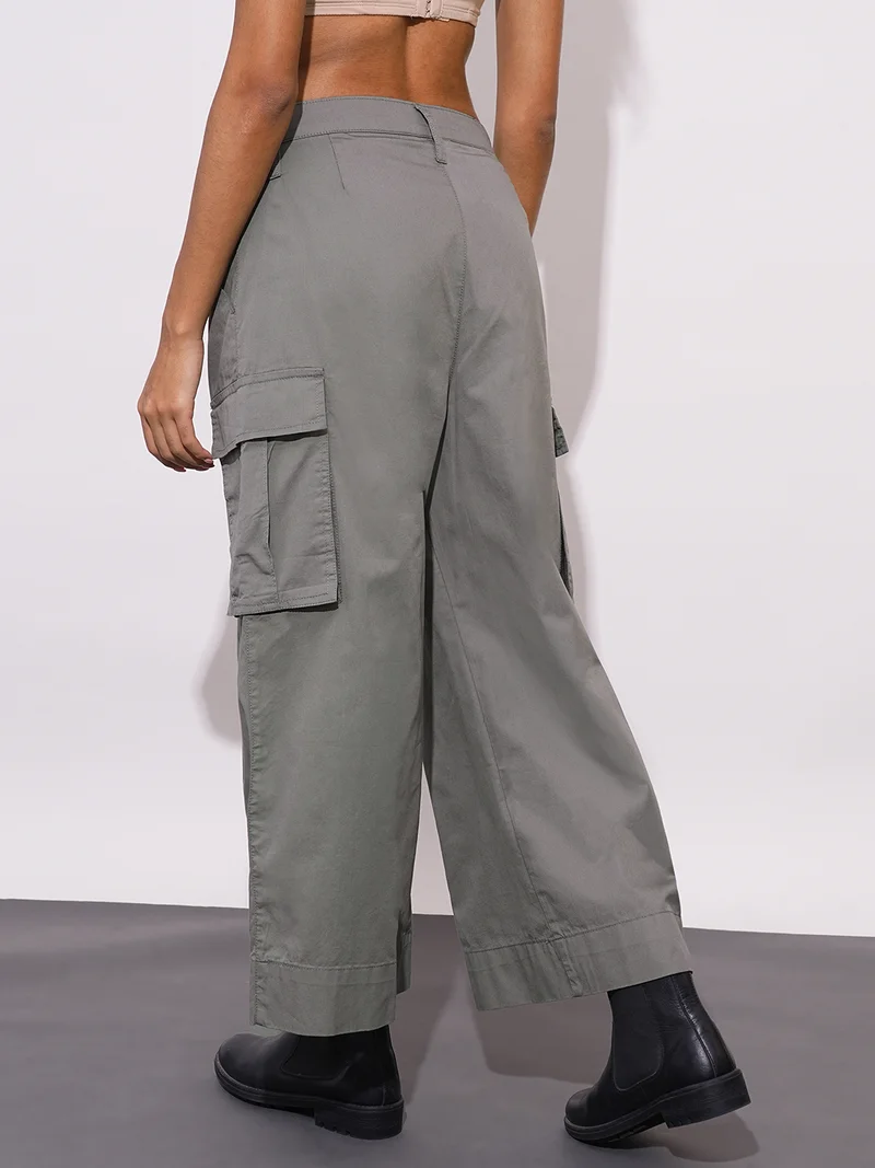 globus Women Dark Grey Cotton Mid-Rise Cargo Style Wide Leg Trousers