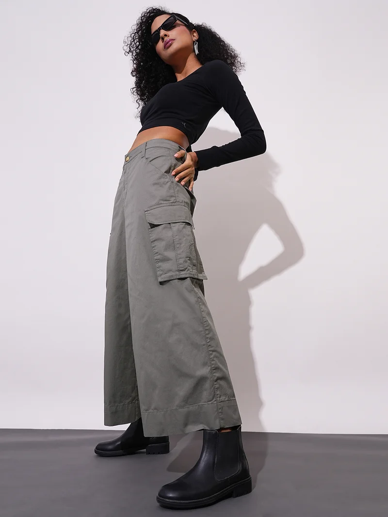 globus Women Dark Grey Cotton Mid-Rise Cargo Style Wide Leg Trousers