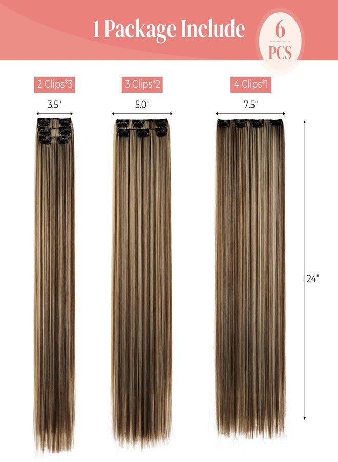 LONAI Clip in hair extensions 6PCS Straight 24" Hair Extensions for Women，Heat Resistant Synthetic Hairpiece -Deep Brown with Dirty Blonde - Image 3