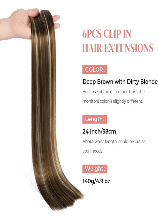 LONAI Clip in hair extensions 6PCS Straight 24" Hair Extensions for Women，Heat Resistant Synthetic Hairpiece -Deep Brown with Dirty Blonde - Image 4