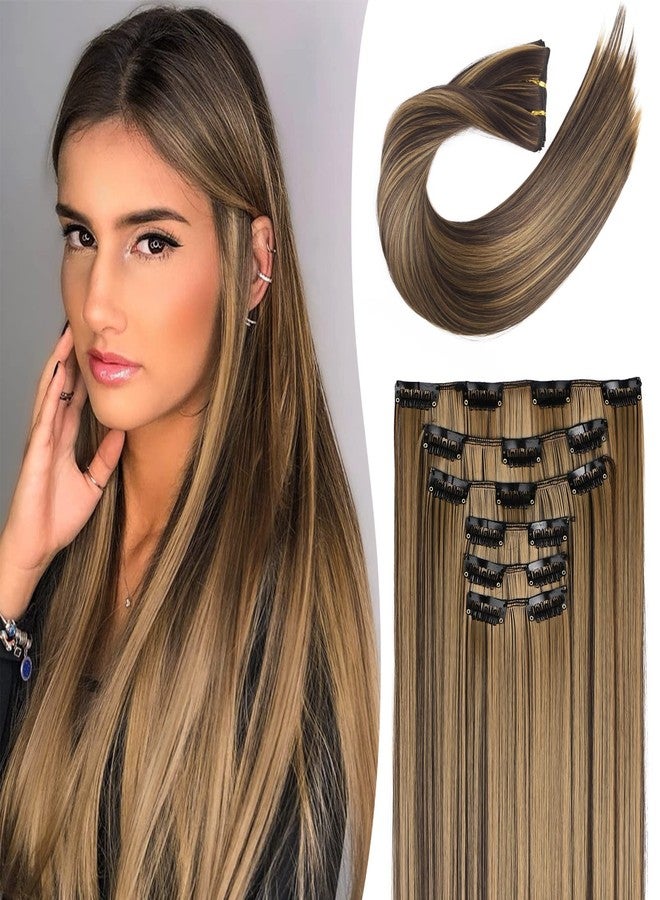 LONAI Clip in hair extensions 6PCS Straight 24" Hair Extensions for Women，Heat Resistant Synthetic Hairpiece -Deep Brown with Dirty Blonde - Image 1