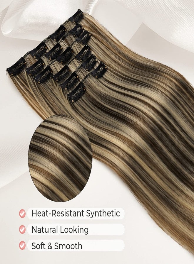 LONAI Clip in hair extensions 6PCS Straight 24" Hair Extensions for Women，Heat Resistant Synthetic Hairpiece -Deep Brown with Dirty Blonde - Image 2