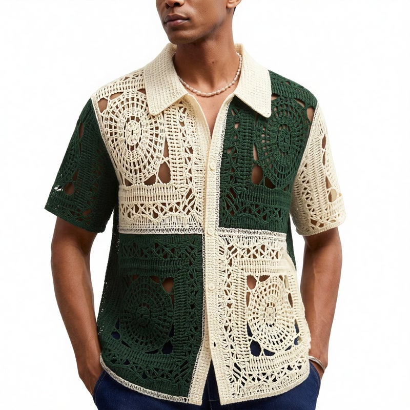 Men's Knitted Open Front Cardigan with Handmade Crochet Lace Hollow Design Contrast Trim Short Sleeve Casual Polo Shirt - Image 1