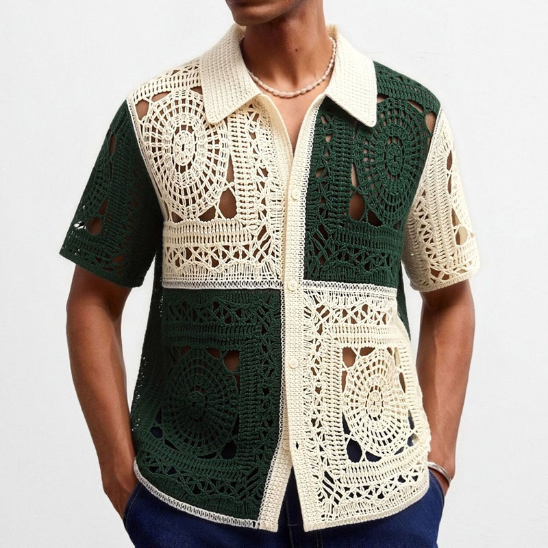 Men's Knitted Open Front Cardigan with Handmade Crochet Lace Hollow Design Contrast Trim Short Sleeve Casual Polo Shirt - Image 2