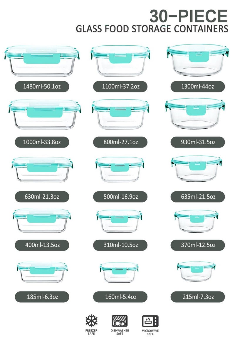 M MCIRCO 30 Pieces Glass Food Storage Containers with Upgraded Snap Locking Lids,Glass Meal Prep Containers Set - Airtight Lunch Containers, Microwave, Oven, Freezer and Dishwasher Friendly (Green) - Image 2