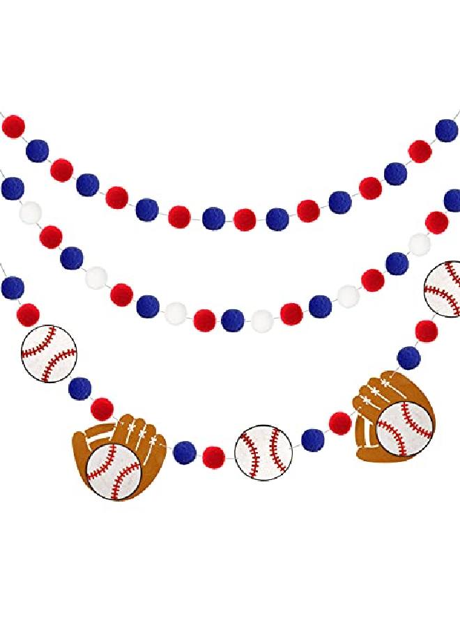 Tatuo 3 Pieces Baseball Pom Pom Ball Garlands Sports Theme Banner Blue Red And White Felt Ball Baseball Hanging Garlands For Birthday Wedding Baseball Themed Party Decoration Supplies 8.2 Feet - Image 1