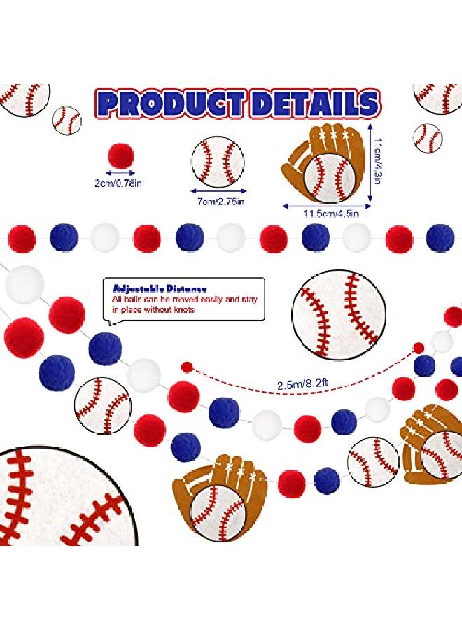 Tatuo 3 Pieces Baseball Pom Pom Ball Garlands Sports Theme Banner Blue Red And White Felt Ball Baseball Hanging Garlands For Birthday Wedding Baseball Themed Party Decoration Supplies 8.2 Feet - Image 2
