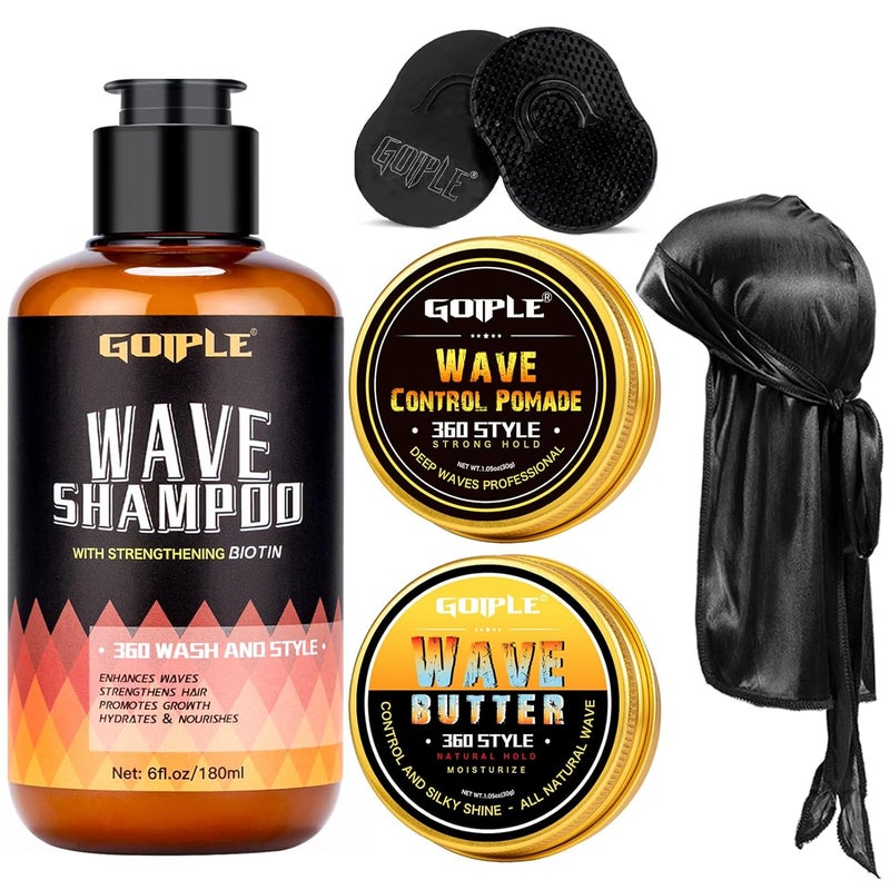 Goiple 360 Wave Shampoo Wave Pomade Strong Hold 360 Wave Training Hair Cream Wave Butter for Men Pocket Palm Brush Curved Wave Brush for Men Silky Durags for Men Extra Long Tails Wave Brush Wave Cap Set
