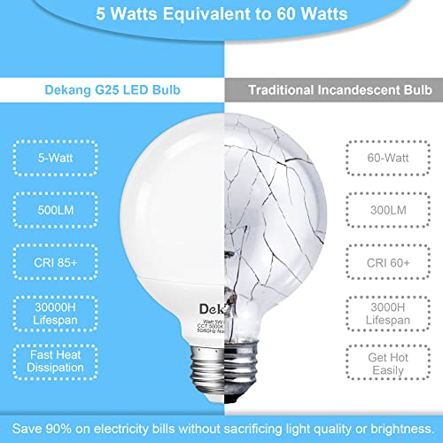 Dekang 8-Pack G25 LED Globe Light Bulbs for Bathroom 5000K Daylight, E26 Base Vanity Light Bulbs 60W Incandescent Equivalent, 5W Round Light Bulb, 500LM, CRI 85+, Non-dimmable - Image 4