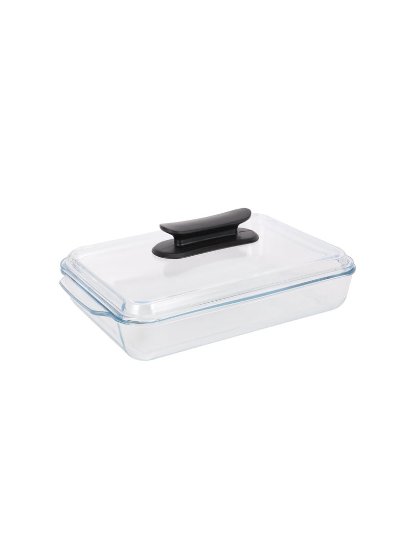 Royalford 3 L Glass Baking Dish with Lid-RF12194/ Rectangular Tray Perfect for Baking and Serving/ Casserole with Easy Grab Handles and Knob Transparent - Image 1
