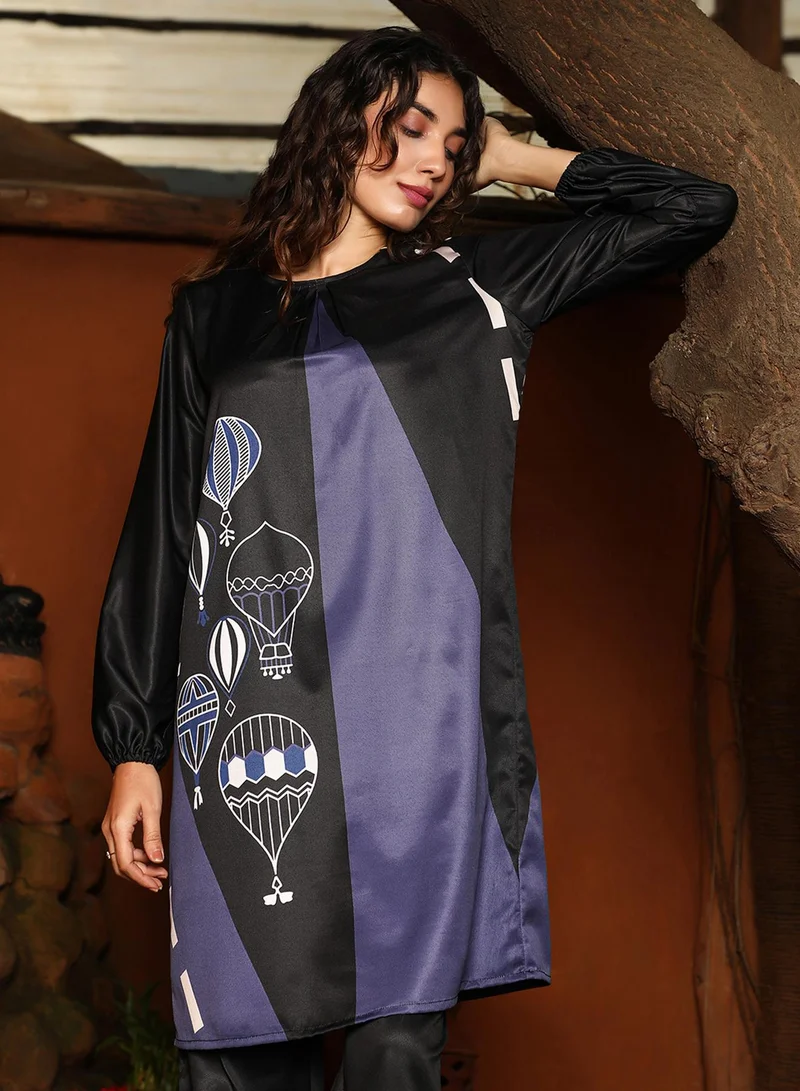 QISSA Women's Ash Grey & Obsidian Black Buoyant Block Kurta Set