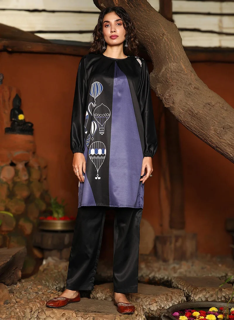 QISSA Women's Ash Grey & Obsidian Black Buoyant Block Kurta Set
