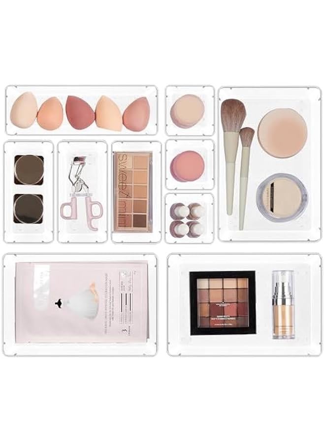 Arabest 10 Pcs Makeup Drawer Organizer Bins Set, 4 Size Plastic Makeup and Vanity Organizer Trays, Clear Acrylic Vanity Storage Containers for Cosmetics, Toiletries, Jewelry, Gadgets, Office Supply  - Image 1