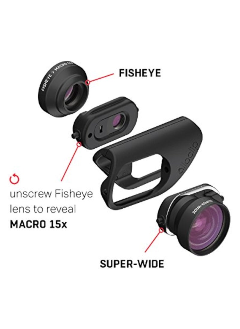 erorex - Core Lens Set for iPhone 7 and 7 Plus, Black Lens/Black Clip - Fisheye, Wide-Angle Lens, 15x Macro Lens - Image 1