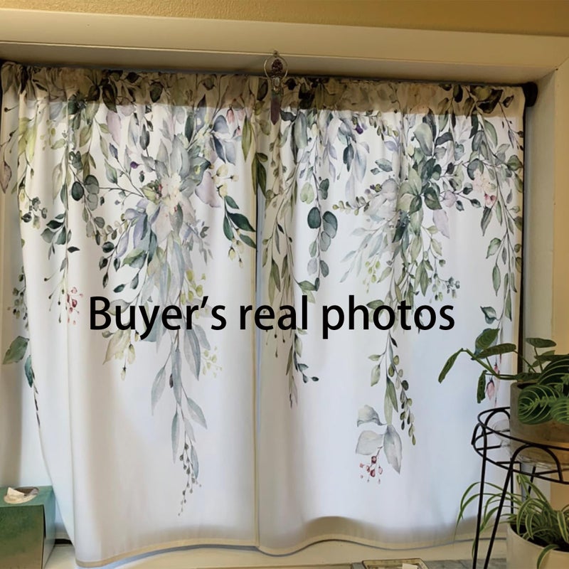 oolygoo Eucalyptus Botanical Leaves Floral Kitchen Window Curtains Over Sink Boho Farmhouse Flower Leaf Small Window Treatment Sage Green Cafe Short Curtains for Bathroom Tier Drapes 27.5x39 inch - Image 4