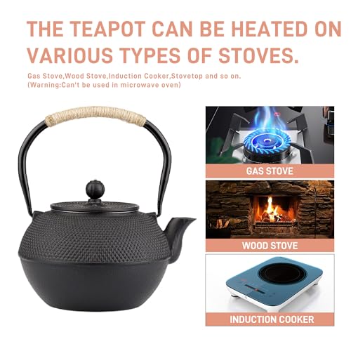 SECHUDO Small Tea Kettle 40oz Tea Pot Japanese Tetsubin Cast Iron Teapot with Infuser for Stovetop Safe Coated with Enameled Interior Black 1200ml - Image 3