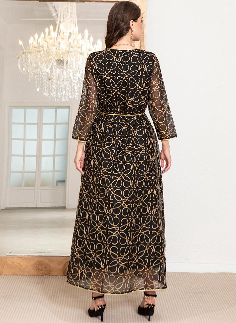 فرايديين انيق طوق على شكل V هندسي تباين اللون تطريز حزام كم منتظم قفطان اسود - Image 2