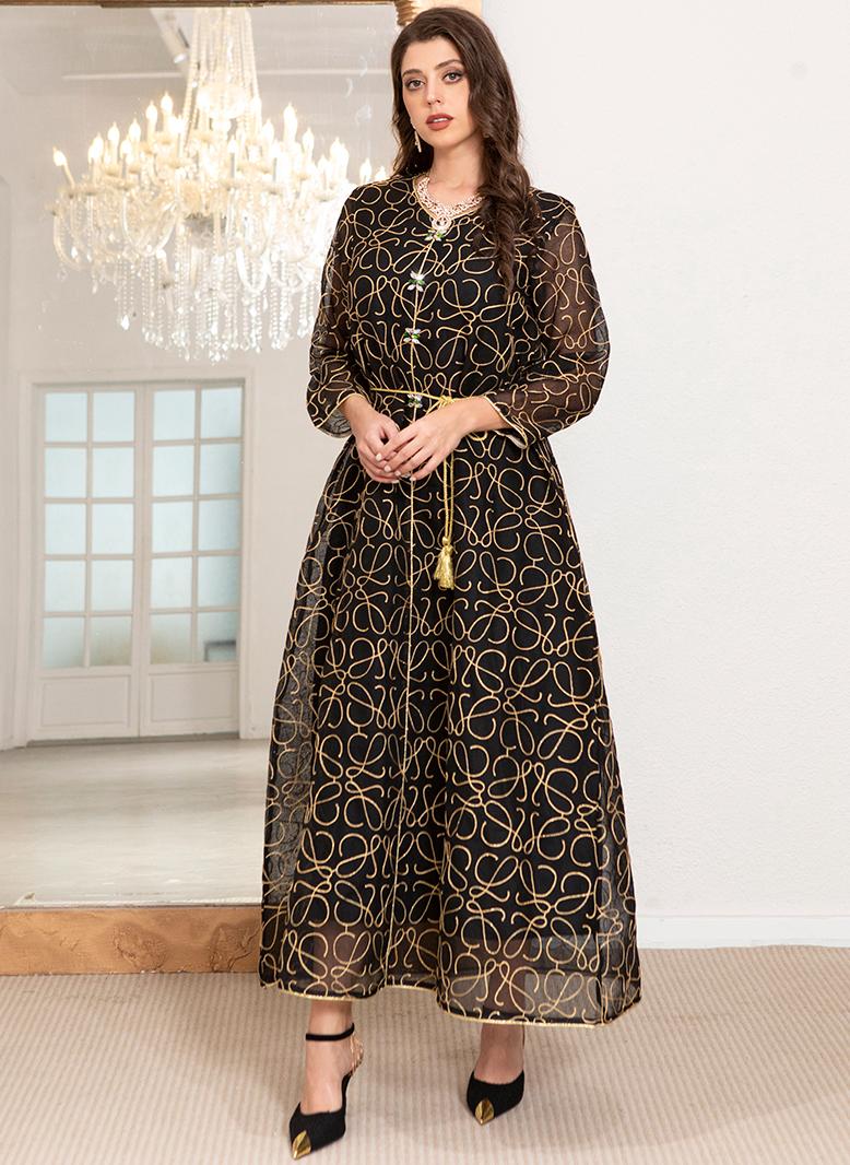 فرايديين انيق طوق على شكل V هندسي تباين اللون تطريز حزام كم منتظم قفطان اسود - Image 4