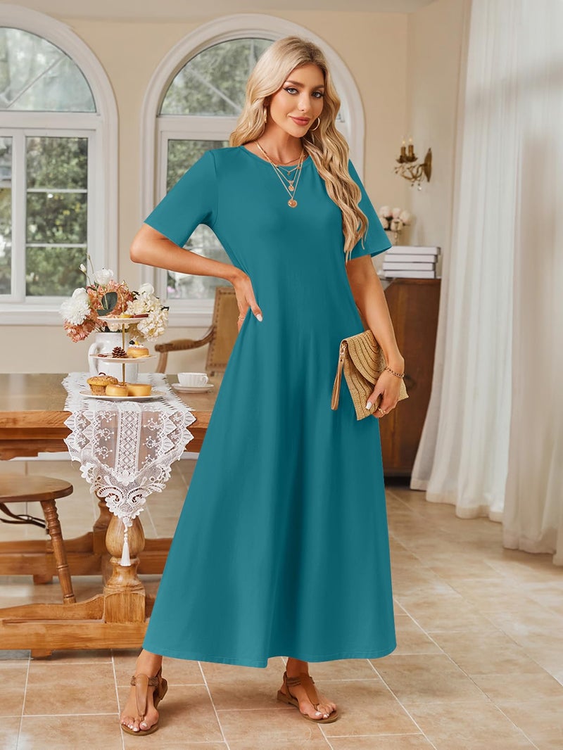 MEROKEETY Summer Spring Maxi Dresses for Women 2026 Casual Vacation Crew Neck Short Sleeve Long T Shirt Dress with Pockets, Teal, Large - Image 2