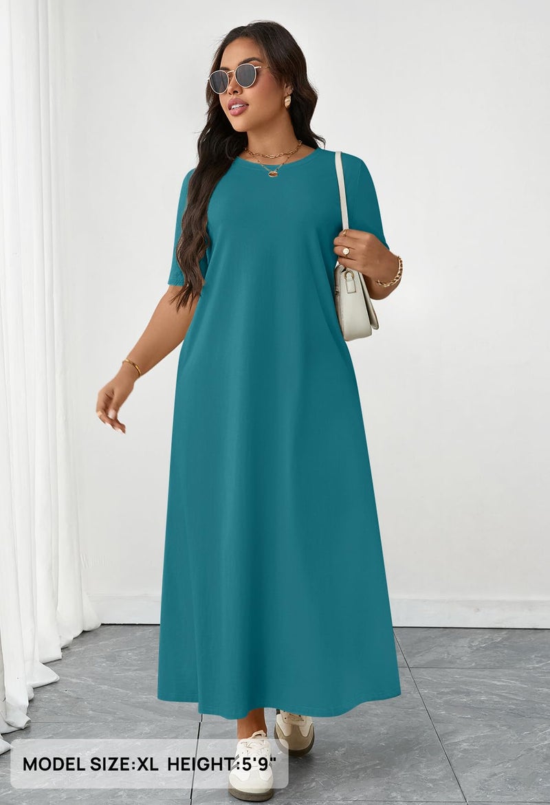 MEROKEETY Summer Spring Maxi Dresses for Women 2026 Casual Vacation Crew Neck Short Sleeve Long T Shirt Dress with Pockets, Teal, Large - Image 4