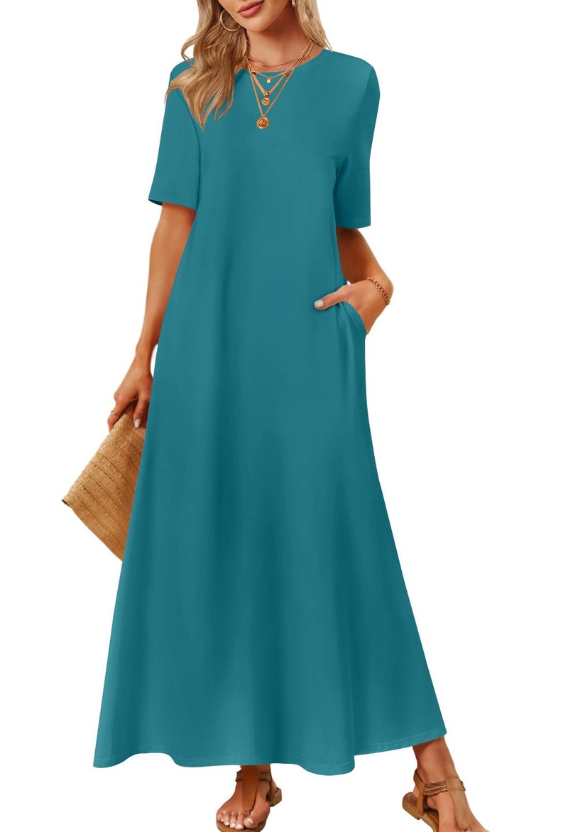 MEROKEETY Summer Spring Maxi Dresses for Women 2026 Casual Vacation Crew Neck Short Sleeve Long T Shirt Dress with Pockets, Teal, Large - Image 1