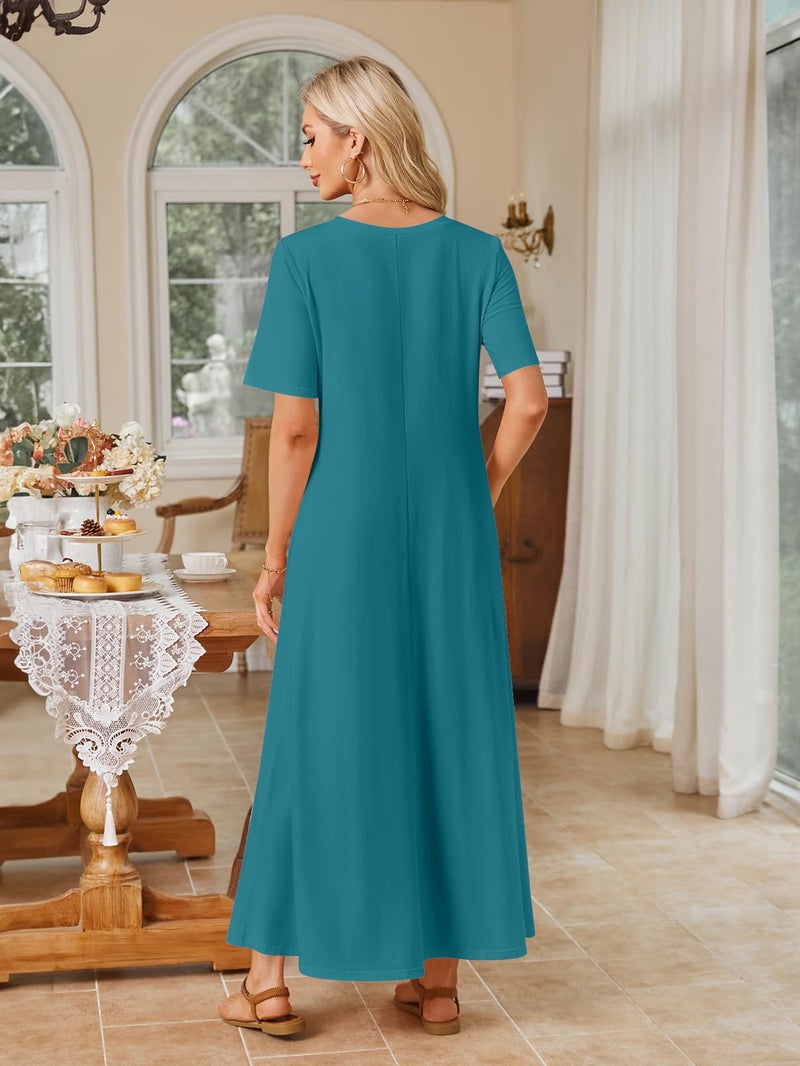 MEROKEETY Summer Spring Maxi Dresses for Women 2026 Casual Vacation Crew Neck Short Sleeve Long T Shirt Dress with Pockets, Teal, Large - Image 3