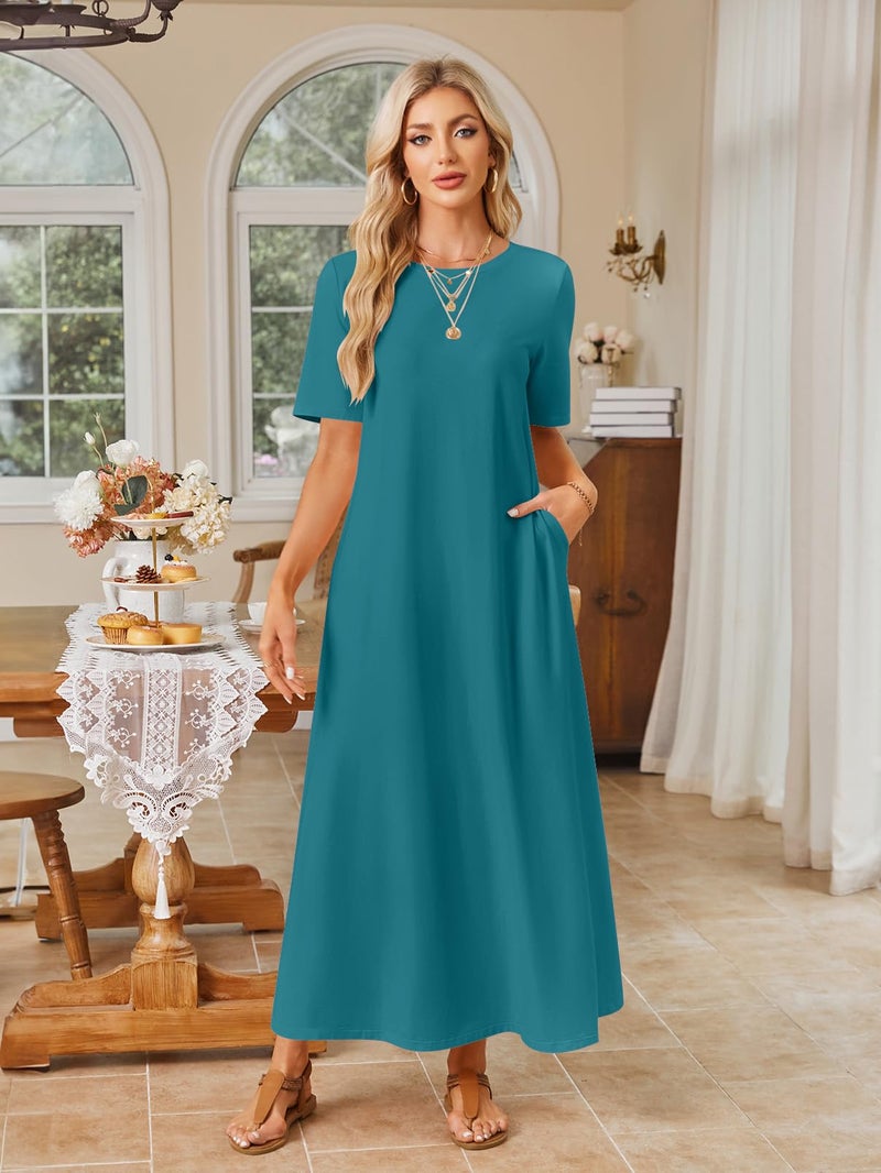 MEROKEETY Summer Spring Maxi Dresses for Women 2026 Casual Vacation Crew Neck Short Sleeve Long T Shirt Dress with Pockets, Teal, Large - Image 5