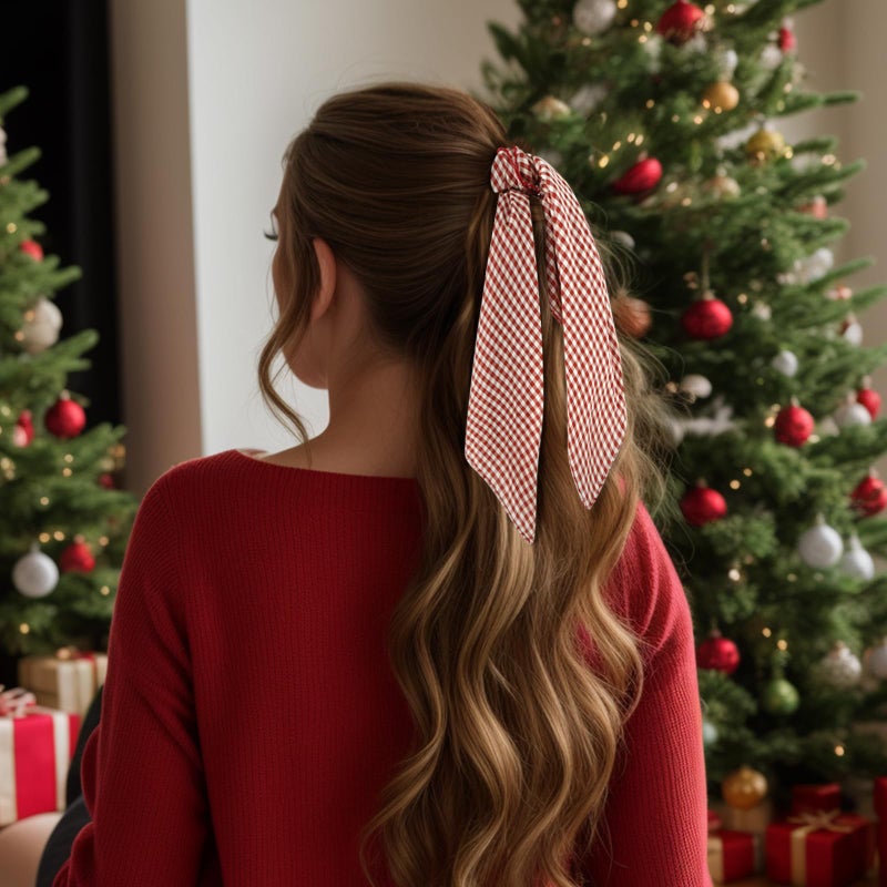 GERINLY Gingham Neck Scarf Cotton, White Red Grid Headband with Lace, Vintage Purse Scarfs - Image 4