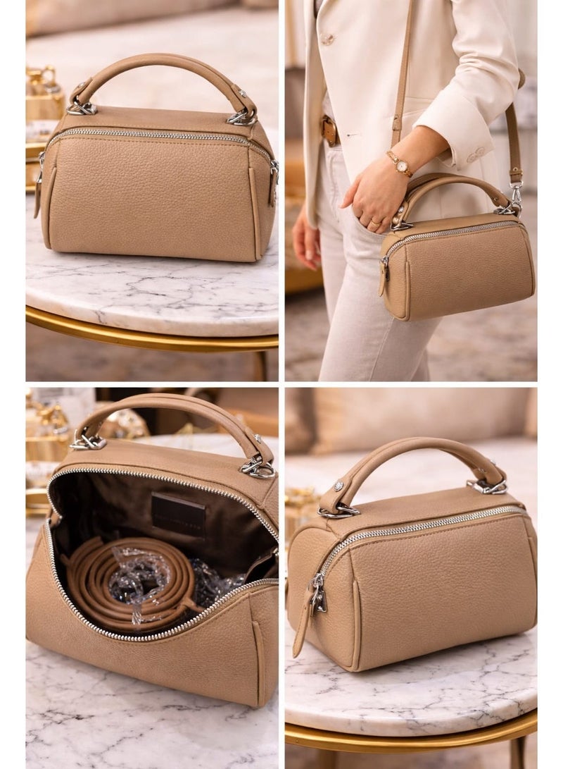 SUNSTAR Elegant Mini Barrel Handbag – Premium Textured Beige Crossbody & Top Handle Bag for Women - Image 2