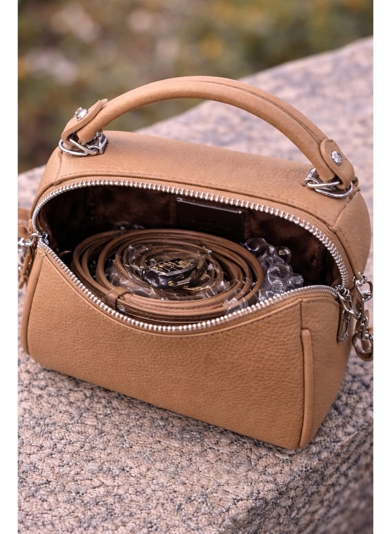 SUNSTAR Elegant Mini Barrel Handbag – Premium Textured Beige Crossbody & Top Handle Bag for Women - Image 4