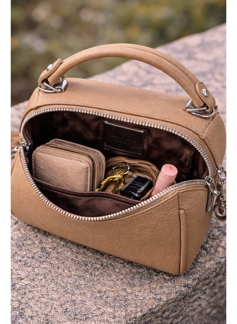 SUNSTAR Elegant Mini Barrel Handbag – Premium Textured Beige Crossbody & Top Handle Bag for Women - Image 3