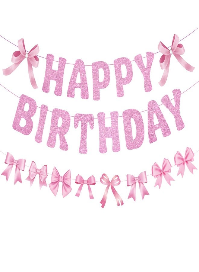 Chictry Pink Bow Happy Birthday Banner Coquette Party Decorations for Womens Girls Baby Shower Theme Supplies - Image 1