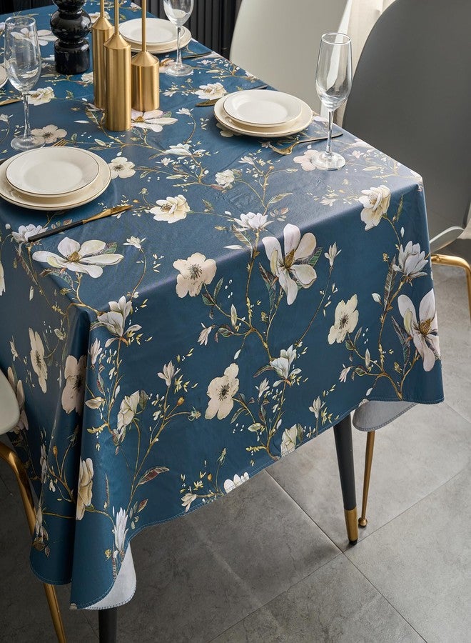 Pioggia مفرش طاولة من الفينيل مع بطانة من الفلانيل، مستطيل الشكل، مقاوم للماء والزيوت، غطاء طاولة بلاستيكي مقاوم للبقع وقابل للمسح للاستخدام الداخلي والخارجي (زهرة زرقاء، 60 × 120 بوصة) - Image 3