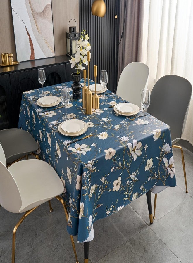 Pioggia مفرش طاولة من الفينيل مع بطانة من الفلانيل، مستطيل الشكل، مقاوم للماء والزيوت، غطاء طاولة بلاستيكي مقاوم للبقع وقابل للمسح للاستخدام الداخلي والخارجي (زهرة زرقاء، 60 × 120 بوصة) - Image 2