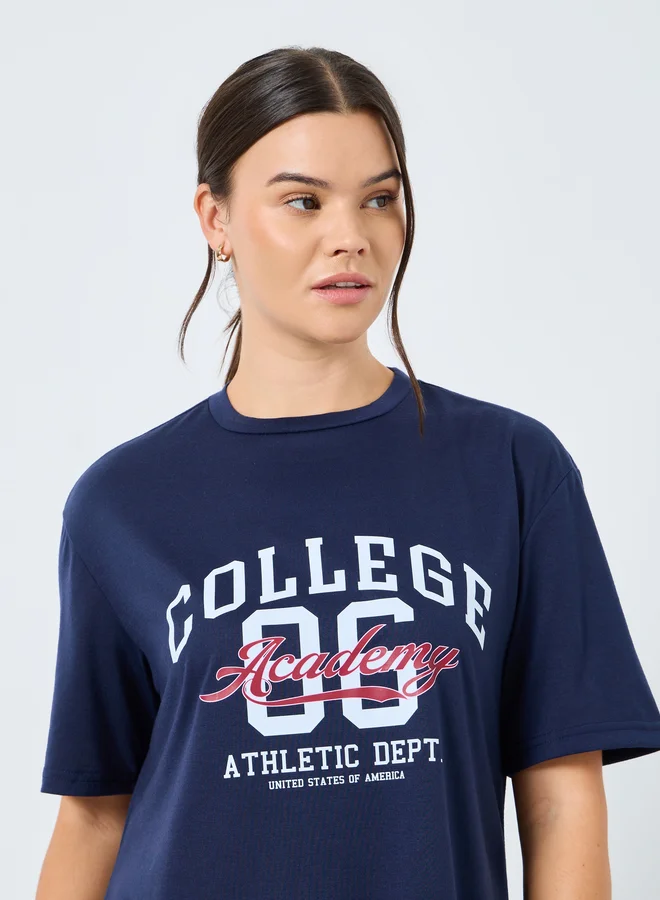Styli Styli College Graphic Deep Ruffle Hem Sleep T-Shirt Dress