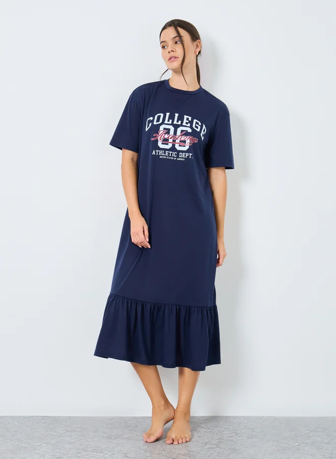 Styli Styli College Graphic Deep Ruffle Hem Sleep T-Shirt Dress