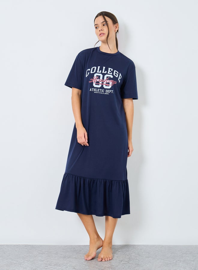 Styli College Graphic Deep Ruffle Hem Sleep T-Shirt Dress - Image 1