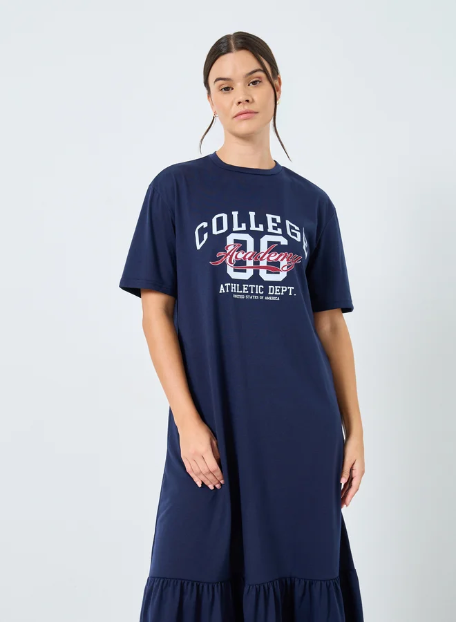 Styli Styli College Graphic Deep Ruffle Hem Sleep T-Shirt Dress