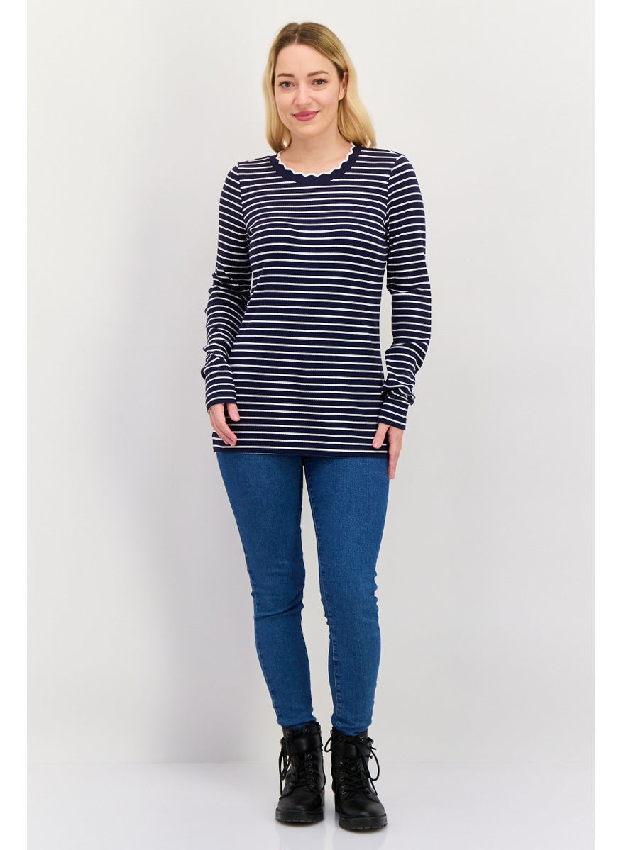 Women Ruffle Neck Long Sleeve Striped Top, Navy - pzsku/ZD1AD6313D854F16CCBA9Z/45/_/1739715308/34cf5697-d84c-48a5-ab25-1ed5b3d82db4