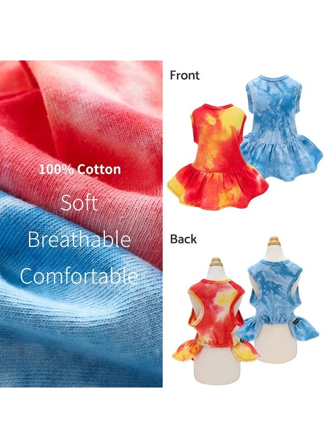 Fitwarm - 2 Pack Tie Dye Dog Dress, Summer Dog Clothes for Small Dogs Girl, Pet Cat Outfit, 100% Breathable Cotton, Red, Blue, Yellow, XXS - Image 1