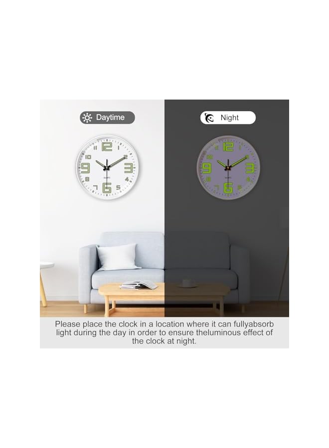 The Bros ساعات حائط ضوئية، ساعة حائط مضيئة، 20 سم ساعة حائط صامتة غير مزعجة تتوهج في الظلام، ساعات ذرية لغرف النوم، ديكور ساعة رقمية للمنزل لغرفة المعيشة والمطبخ والمكتب (أبيض) - Image 3