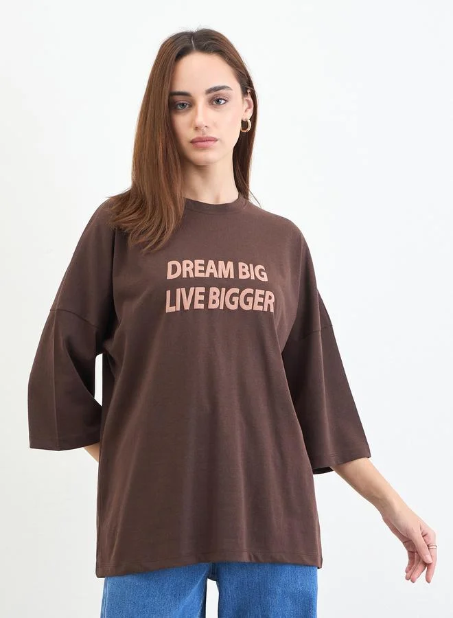 Brown Slogan Embossed Oversized T-Shirt