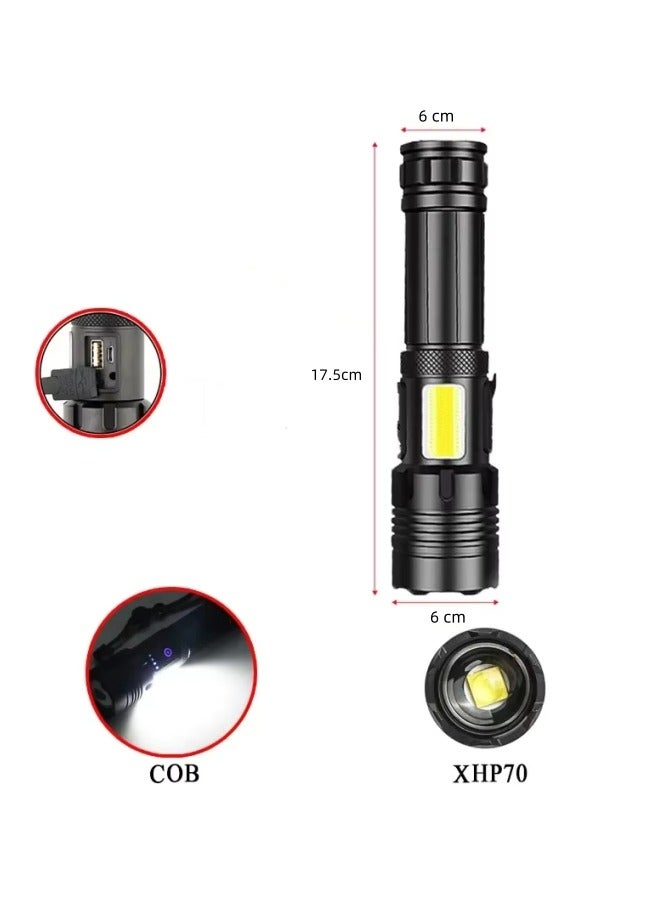 الدليبن مصابيح يدوية قابلة لإعادة الشحن، مصباح يدوي LED مزدوج المصدر P70+COB، ضوء جانبي COB، مصابيح يدوية فائقة السطوع مع كابل USB، مصباح يدوي LED الأكثر سطوعًا لحالات الطوارئ، مصباح يدوي عالي الطاقة مقاوم للماء بـ 7 أوضاع وقابل للتكبير - Image 2