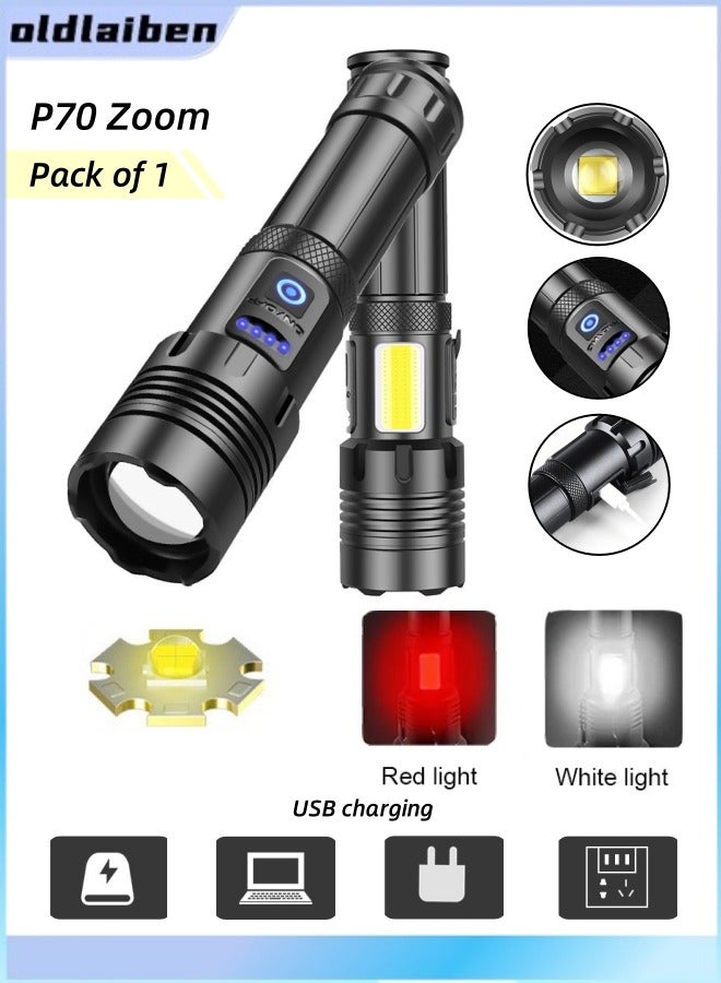 الدليبن مصابيح يدوية قابلة لإعادة الشحن، مصباح يدوي LED مزدوج المصدر P70+COB، ضوء جانبي COB، مصابيح يدوية فائقة السطوع مع كابل USB، مصباح يدوي LED الأكثر سطوعًا لحالات الطوارئ، مصباح يدوي عالي الطاقة مقاوم للماء بـ 7 أوضاع وقابل للتكبير - Image 1