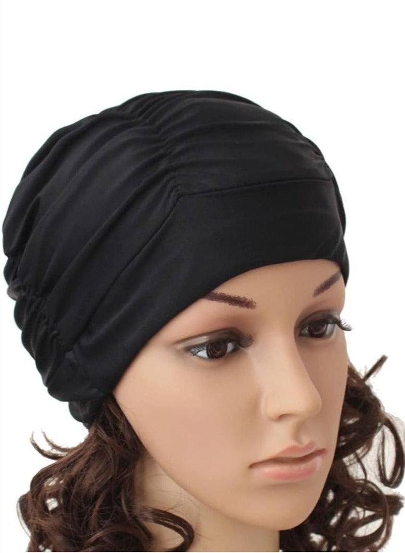 Nylon Swimming Cap Pool Beach Hat Pleated Swim Cap for Long Hair Women, Black - Image 5